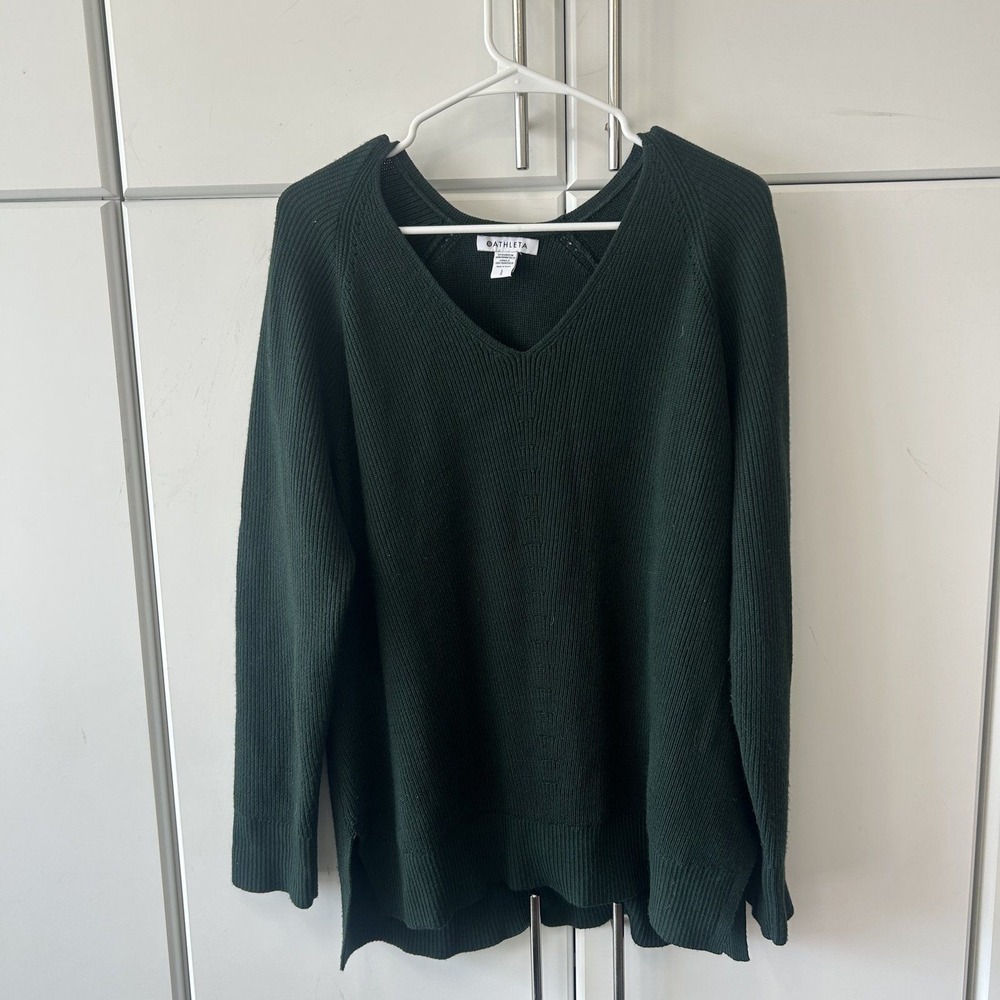 Athleta Womens Green Ribbed V-Neck Raglan Sleeve Pullover Sweater Size Large